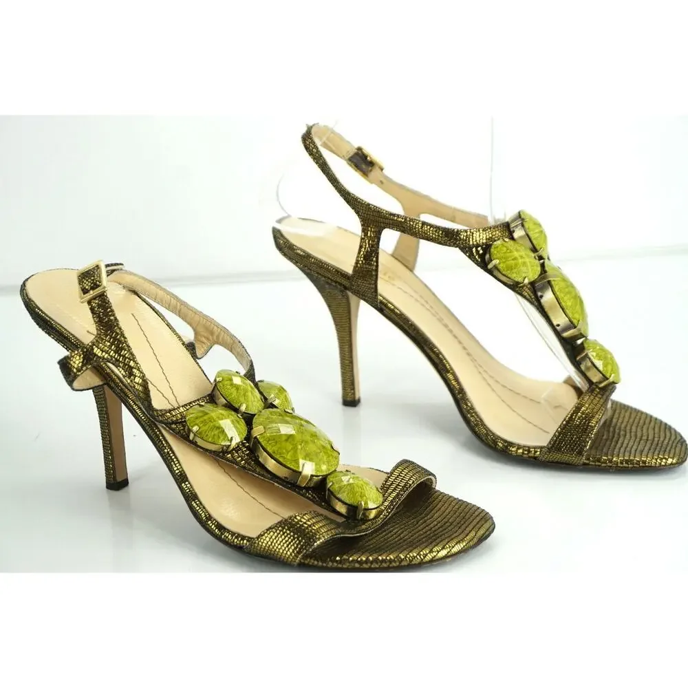 Kate Spade Lydia Green Metallic Strappy Jem T Strap Sandals Size 5.5 Ankle $298